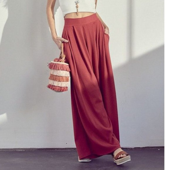 Boutique Pants - Terracotta Wide Leg Ribbed Pants